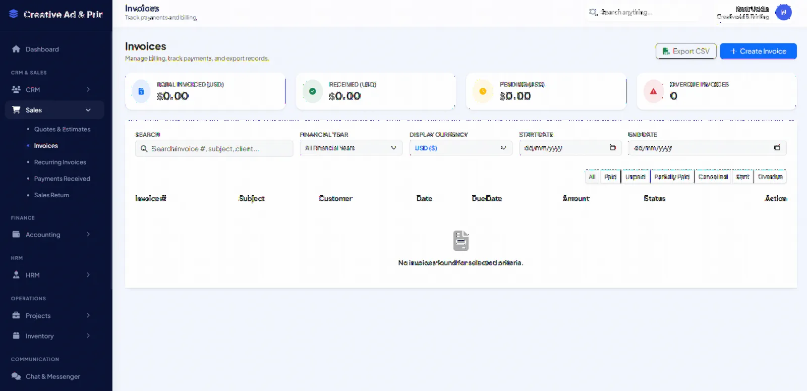Sales: invoices with multi-currency totals, filters and CSV export